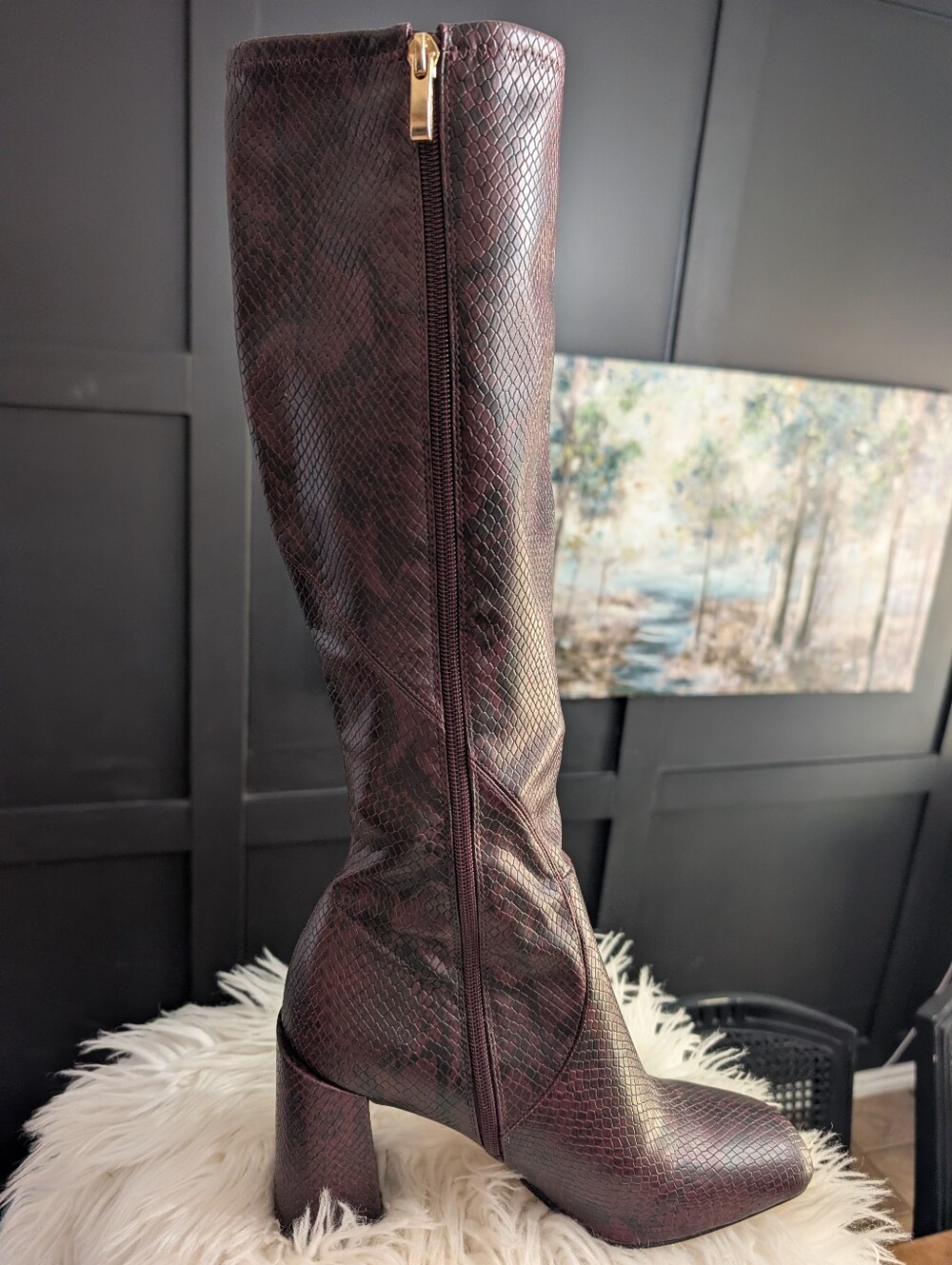 Franco Sarto Women's Knee-High Snake-Embossed Boots in Dark Burgundy